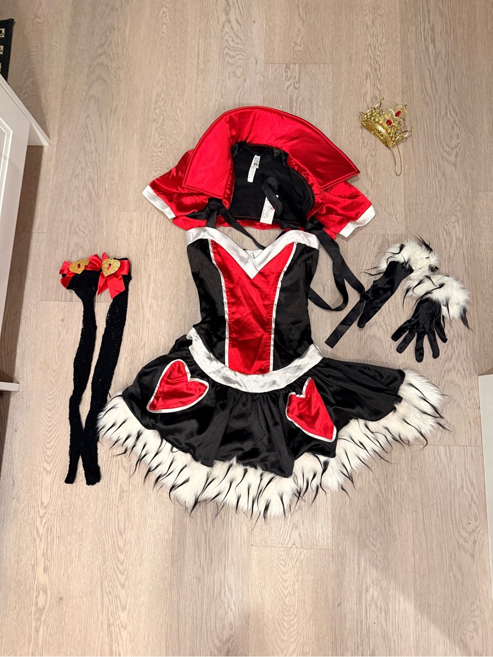 Forplay Black & Red Queen of Hearts Costume Dress with Hood and Fur Trim